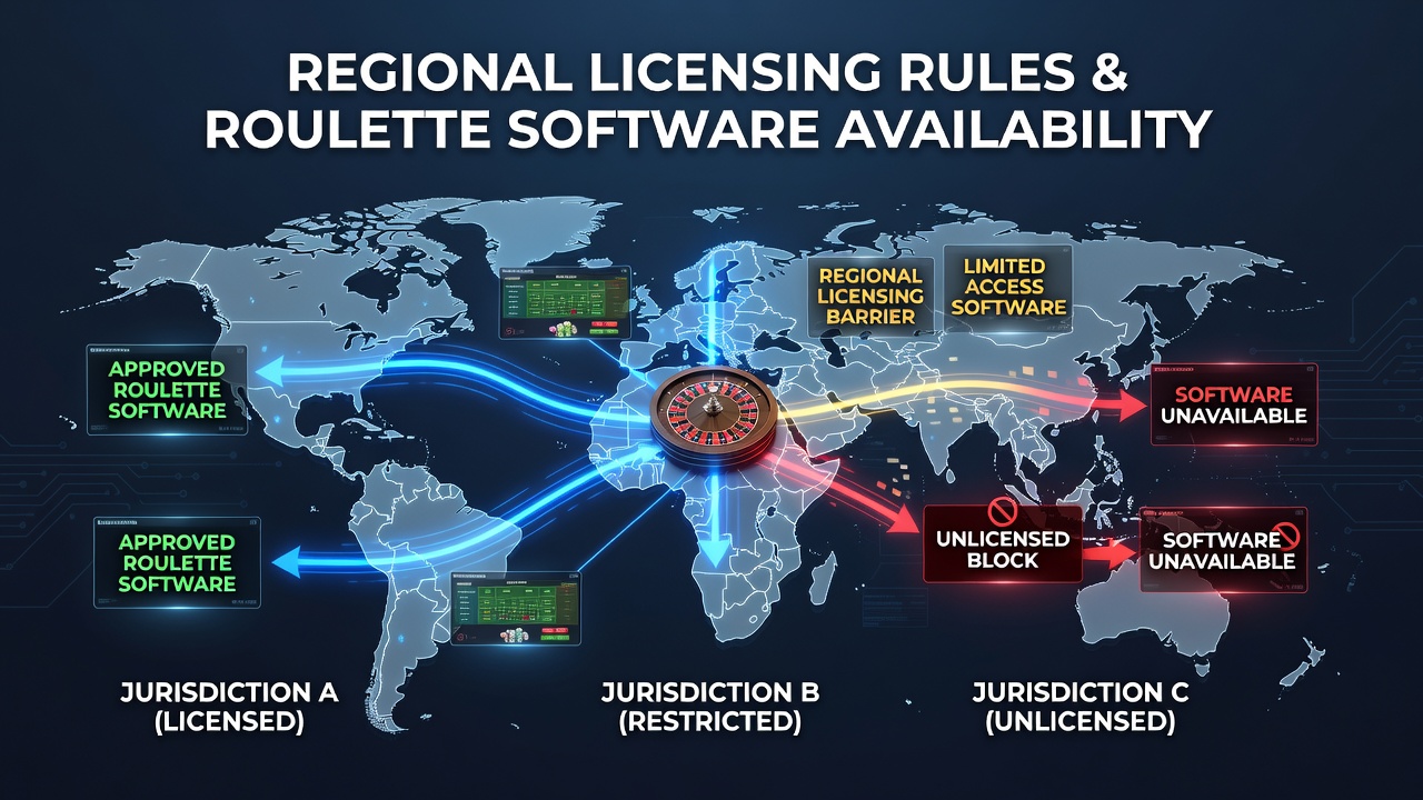 Map showing roulette software distribution across international borders with licensing markers