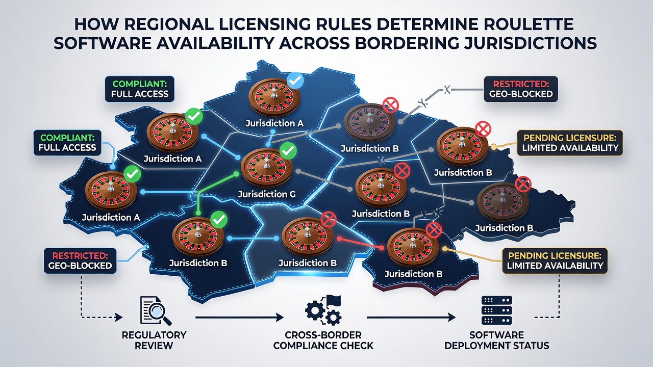 Roulette software interface showing regional restrictions and licensing compliance indicators