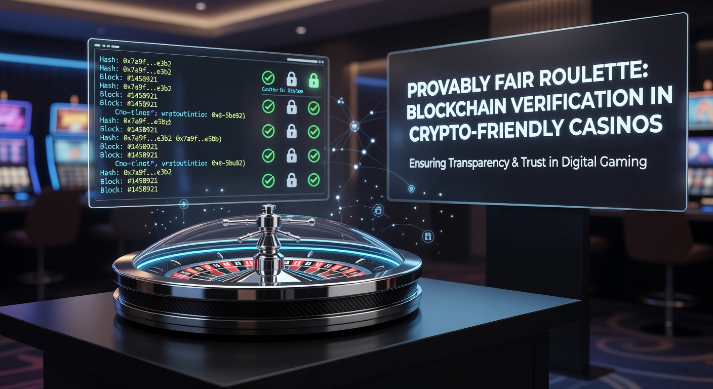 Digital illustration showing a roulette wheel integrated with blockchain nodes and cryptographic hashes, symbolizing provably fair verification in online casinos