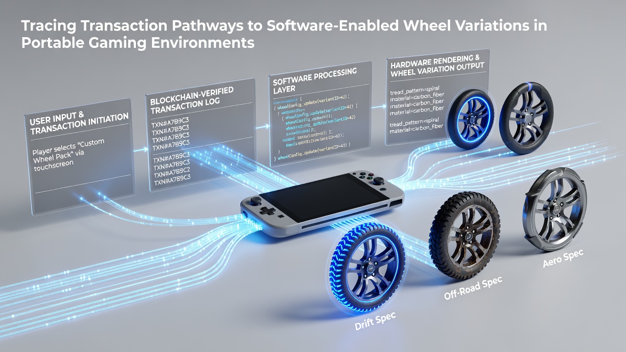 Flowchart illustrating software wheel adaptations triggered by different transaction pathways in handheld gaming
